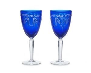 Set Of 2 Vintage Sorelle Cobalt Blue Cut To Clear Etched Crystal Wine Goblets